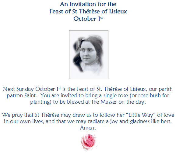 An invitation for Feast of St Therese of Liseux – 1st October